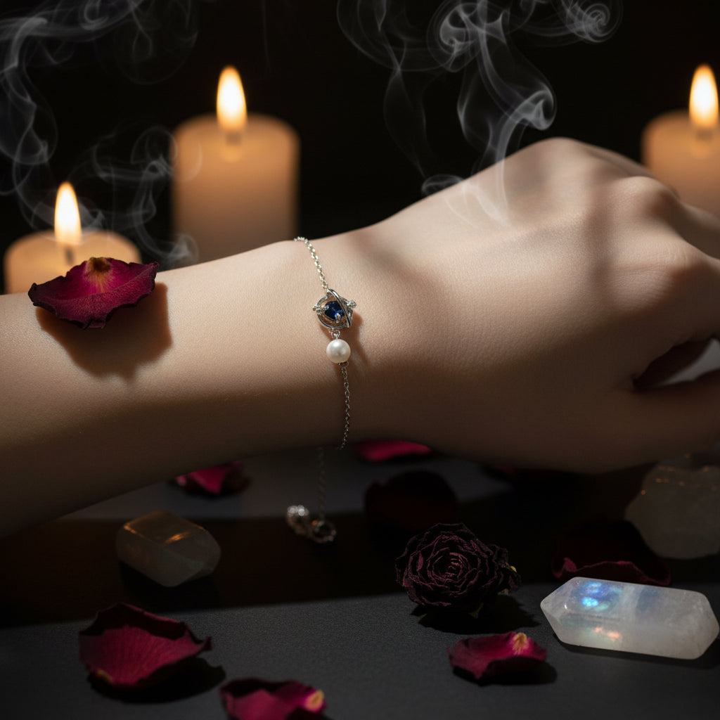 Close-up of a hand wearing a delicate bracelet with a heart-shaped charm, against a soft, blurred background.