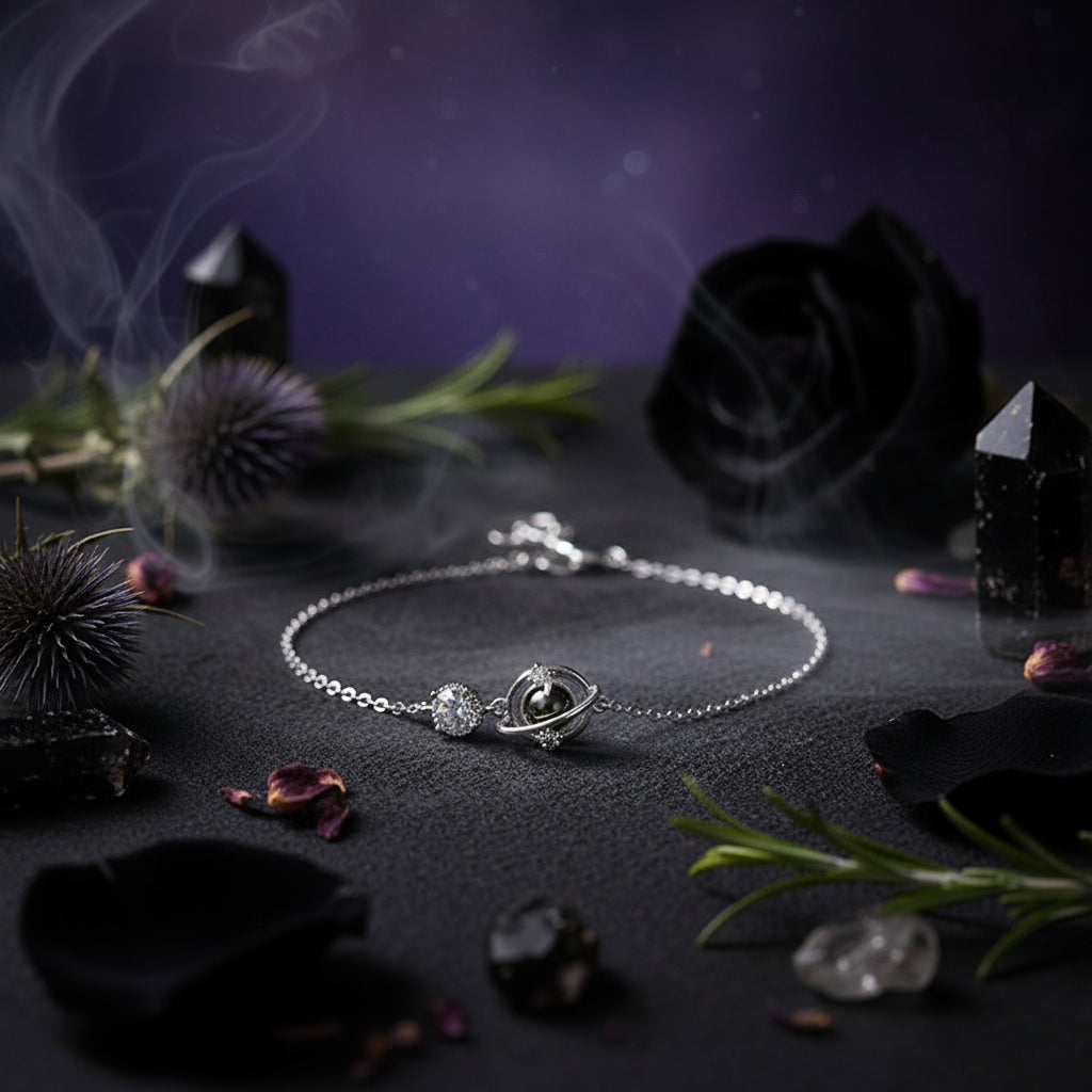 Silver necklace with a pendant held between fingers against a neutral background