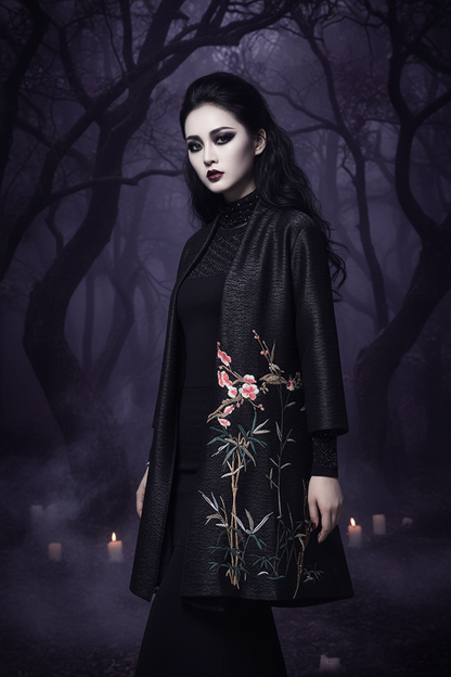 Woman wearing a black coat with floral embroidery on a beige background