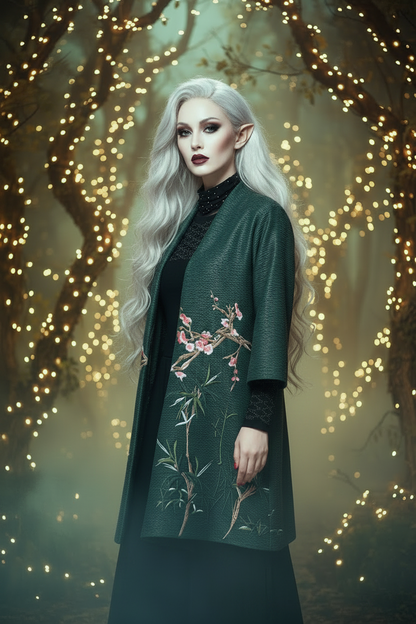 Woman wearing a green floral coat against a beige background