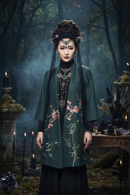 Woman wearing a green floral coat against a beige background