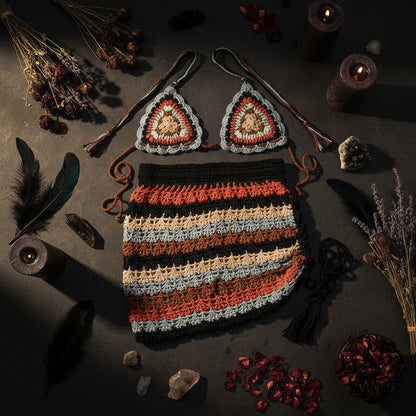 Crocheted bag with striped pattern, decorative triangles, and accessories on a light gray background.