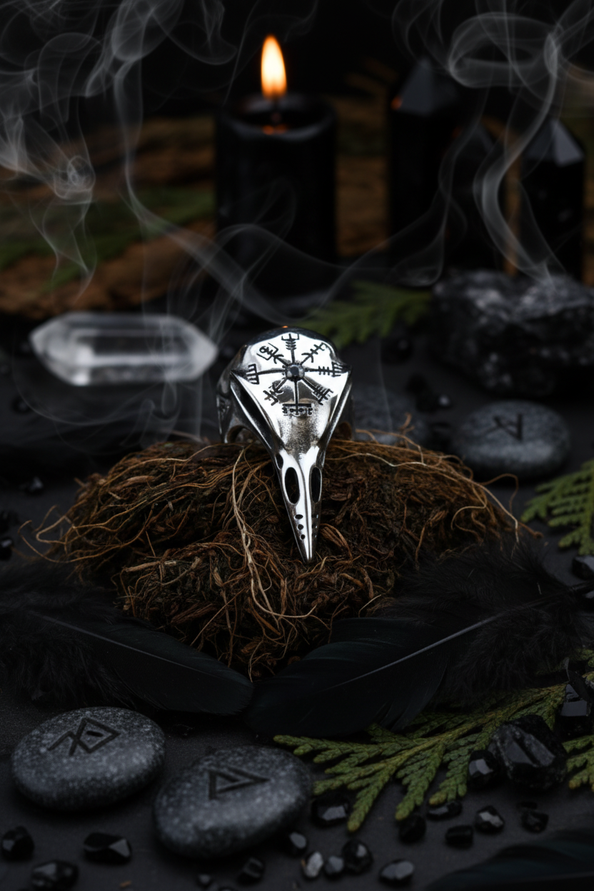 Silver raven skull ring with intricate designs on a dark background