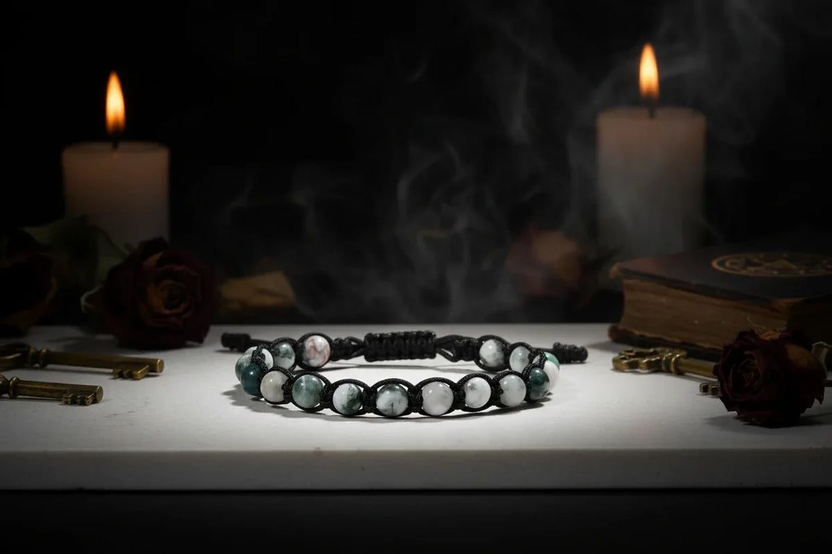 Crystal Beaded Bracelet - Sorceress Sanctuary Phoenix Blue Gold-Volcanic Rock-Haematite-Tree Pattern Agate-Rose Stone