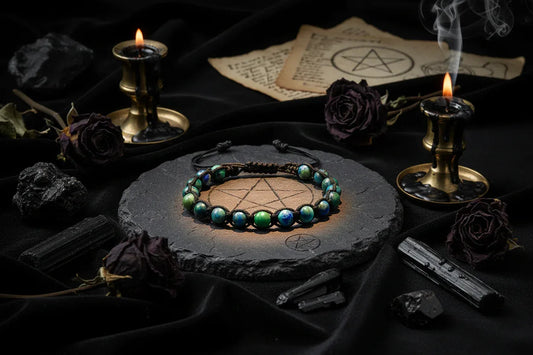 Crystal Beaded Bracelet - Sorceress Sanctuary Phoenix Blue Gold-Volcanic Rock-Haematite-Tree Pattern Agate-Rose Stone