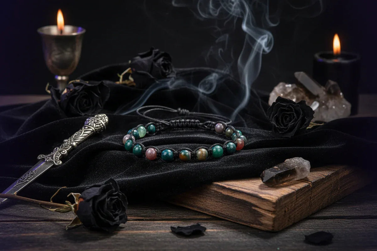 Crystal Beaded Bracelet - Sorceress Sanctuary Phoenix Blue Gold-Volcanic Rock-Haematite-Tree Pattern Agate-Rose Stone