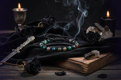 Crystal Beaded Bracelet - Sorceress Sanctuary Phoenix Blue Gold-Volcanic Rock-Haematite-Tree Pattern Agate-Rose Stone