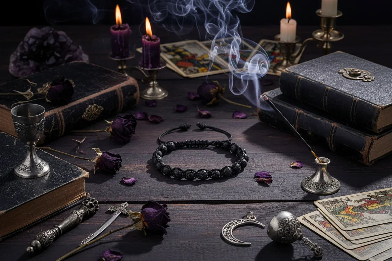 Crystal Beaded Bracelet - Sorceress Sanctuary Phoenix Blue Gold-Volcanic Rock-Haematite-Tree Pattern Agate-Rose Stone