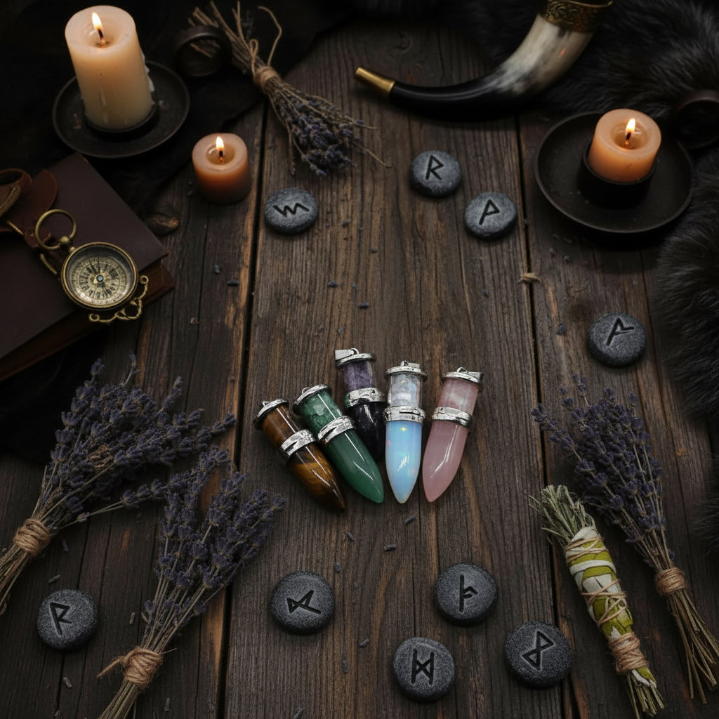 Crystal Bullet Pendant - Sorceress Sanctuary Tiger Eye Stone-Amethyst-Green Aventurine-Opal-Rose Quartz
