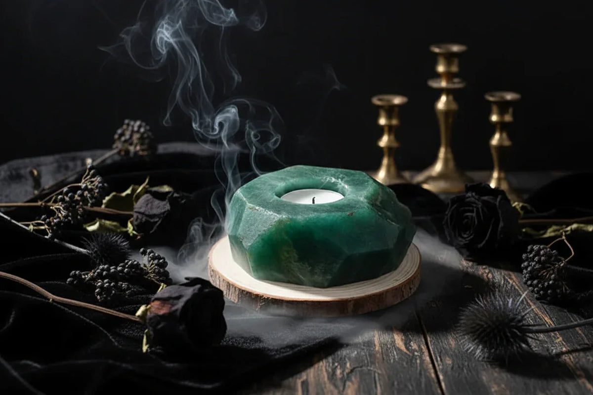 Crystal Candle Holders - Sorceress Sanctuary Tiger's Eye Candlestick-Pink crystal candlestick-Fluorite Candlestick-Green Fluorite Candlestick-Peach Blossom Stone
