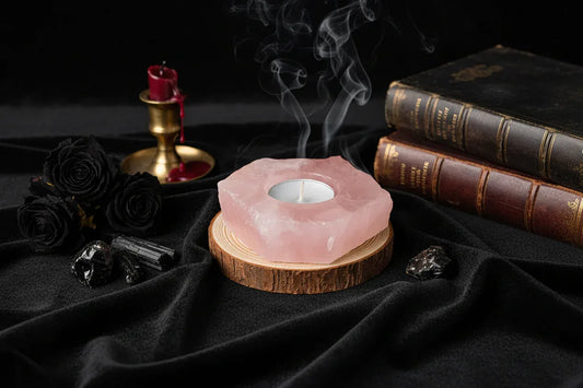 Crystal Candle Holders - Sorceress Sanctuary Tiger's Eye Candlestick-Pink crystal candlestick-Fluorite Candlestick-Green Fluorite Candlestick-Peach Blossom Stone