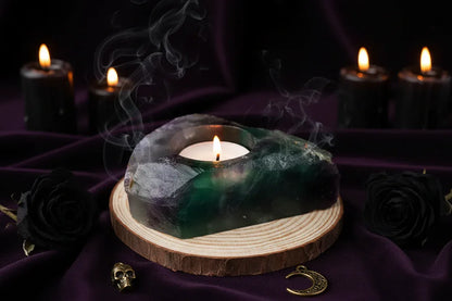 Crystal Candle Holders - Sorceress Sanctuary Tiger's Eye Candlestick-Pink crystal candlestick-Fluorite Candlestick-Green Fluorite Candlestick-Peach Blossom Stone