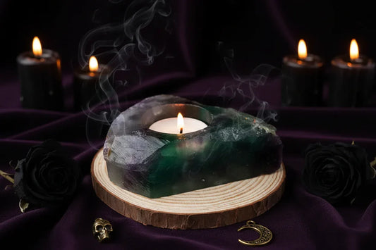 Crystal Candle Holders - Sorceress Sanctuary Tiger's Eye Candlestick-Pink crystal candlestick-Fluorite Candlestick-Green Fluorite Candlestick-Peach Blossom Stone