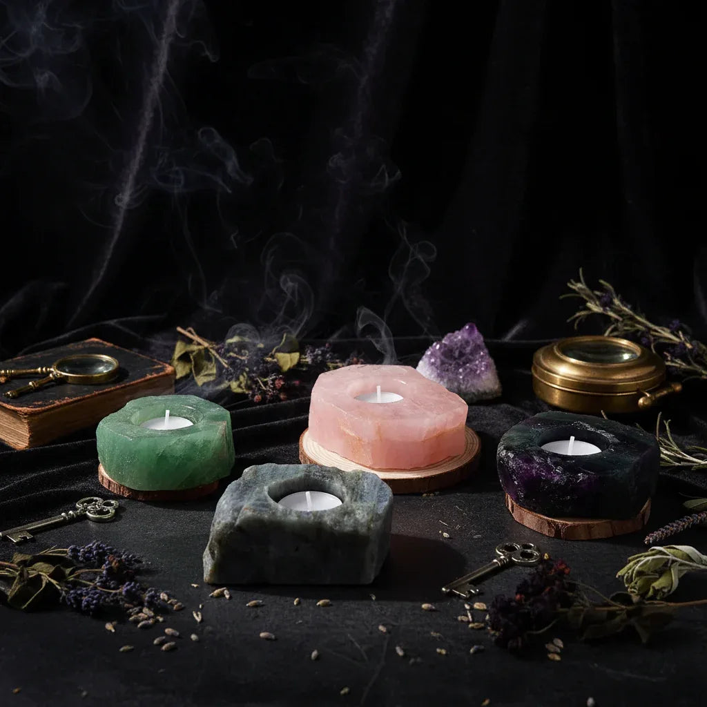 Crystal Candle Holders - Sorceress Sanctuary Tiger's Eye Candlestick-Pink crystal candlestick-Fluorite Candlestick-Green Fluorite Candlestick-Peach Blossom Stone