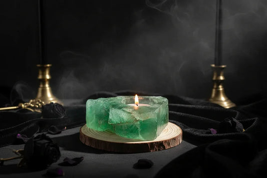 Crystal Candle Holders - Sorceress Sanctuary Tiger's Eye Candlestick-Pink crystal candlestick-Fluorite Candlestick-Green Fluorite Candlestick-Peach Blossom Stone