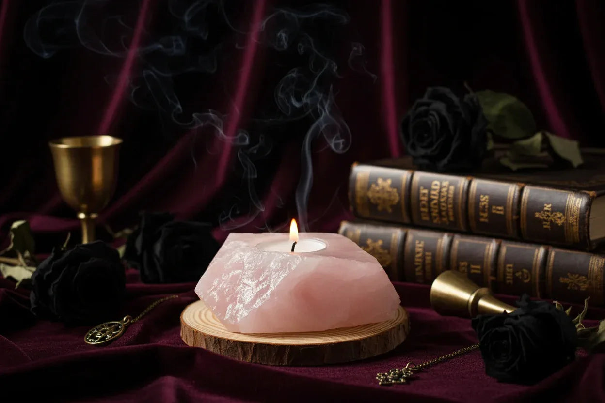 Crystal Candle Holders - Sorceress Sanctuary Tiger's Eye Candlestick-Pink crystal candlestick-Fluorite Candlestick-Green Fluorite Candlestick-Peach Blossom Stone