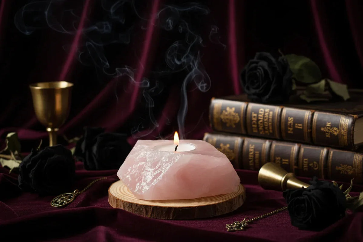 Crystal Candle Holders - Sorceress Sanctuary Tiger's Eye Candlestick-Pink crystal candlestick-Fluorite Candlestick-Green Fluorite Candlestick-Peach Blossom Stone