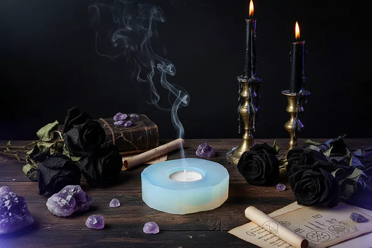 Crystal Candle Holders - Sorceress Sanctuary Tiger's Eye Candlestick-Pink crystal candlestick-Fluorite Candlestick-Green Fluorite Candlestick-Peach Blossom Stone