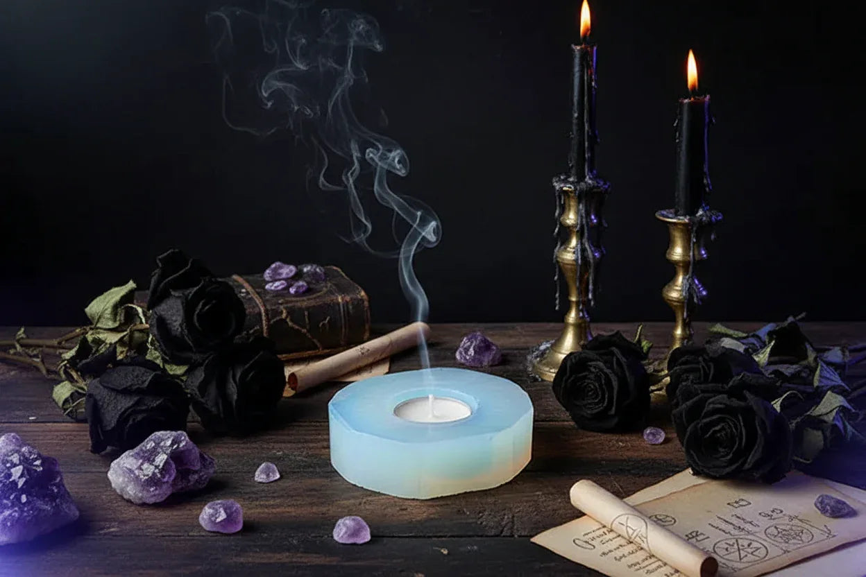 Crystal Candle Holders - Sorceress Sanctuary Tiger's Eye Candlestick-Pink crystal candlestick-Fluorite Candlestick-Green Fluorite Candlestick-Peach Blossom Stone