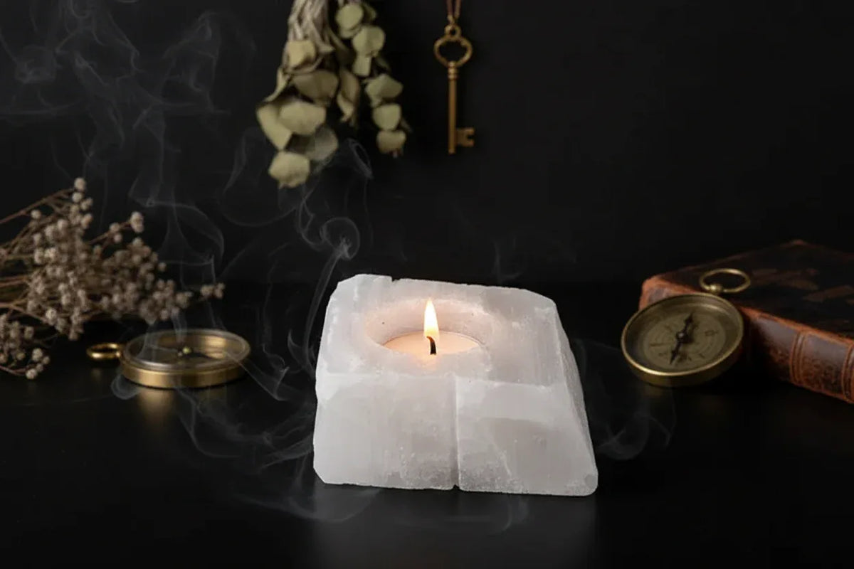 Crystal Candle Holders - Sorceress Sanctuary Tiger's Eye Candlestick-Pink crystal candlestick-Fluorite Candlestick-Green Fluorite Candlestick-Peach Blossom Stone