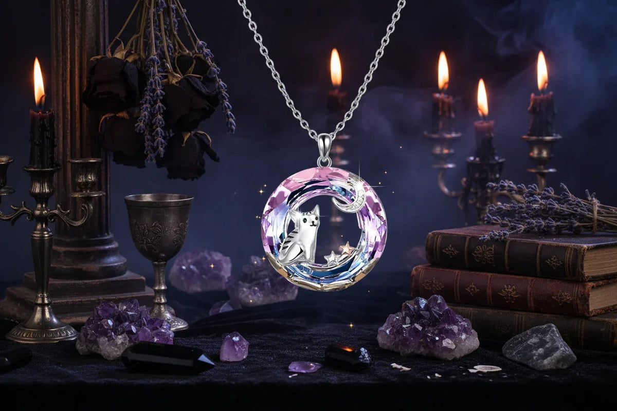 Crystal Cat Necklace - Sorceress Sanctuary Grey Cat Necklace-Gray Cat Earrings