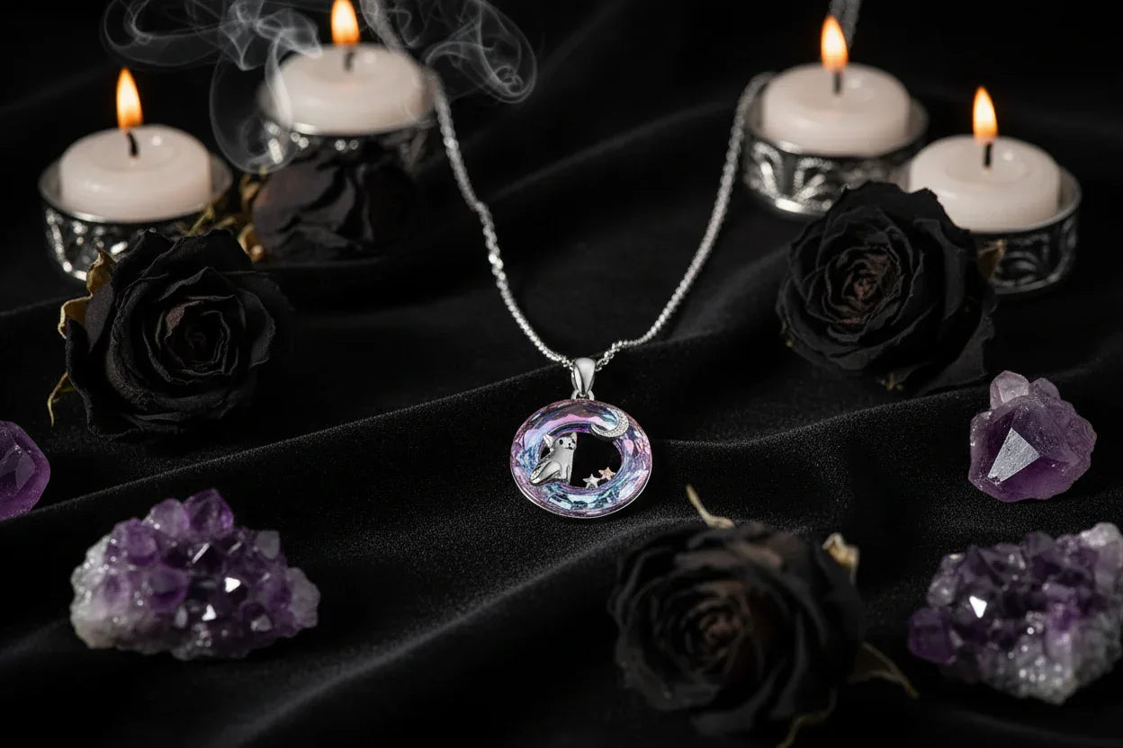Crystal Cat Necklace - Sorceress Sanctuary Grey Cat Necklace-Gray Cat Earrings