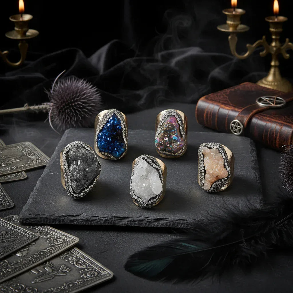 Crystal Cluster Ring - Sorceress Sanctuary Colorful (1 random) / Adjustable Opening-Silver (1 random) / Adjustable Opening-Blue (1 random) / Adjustable Opening-White (1 randomly) / Adjustable Opening-Amber Gold (1 randomly) / Adjustable Opening