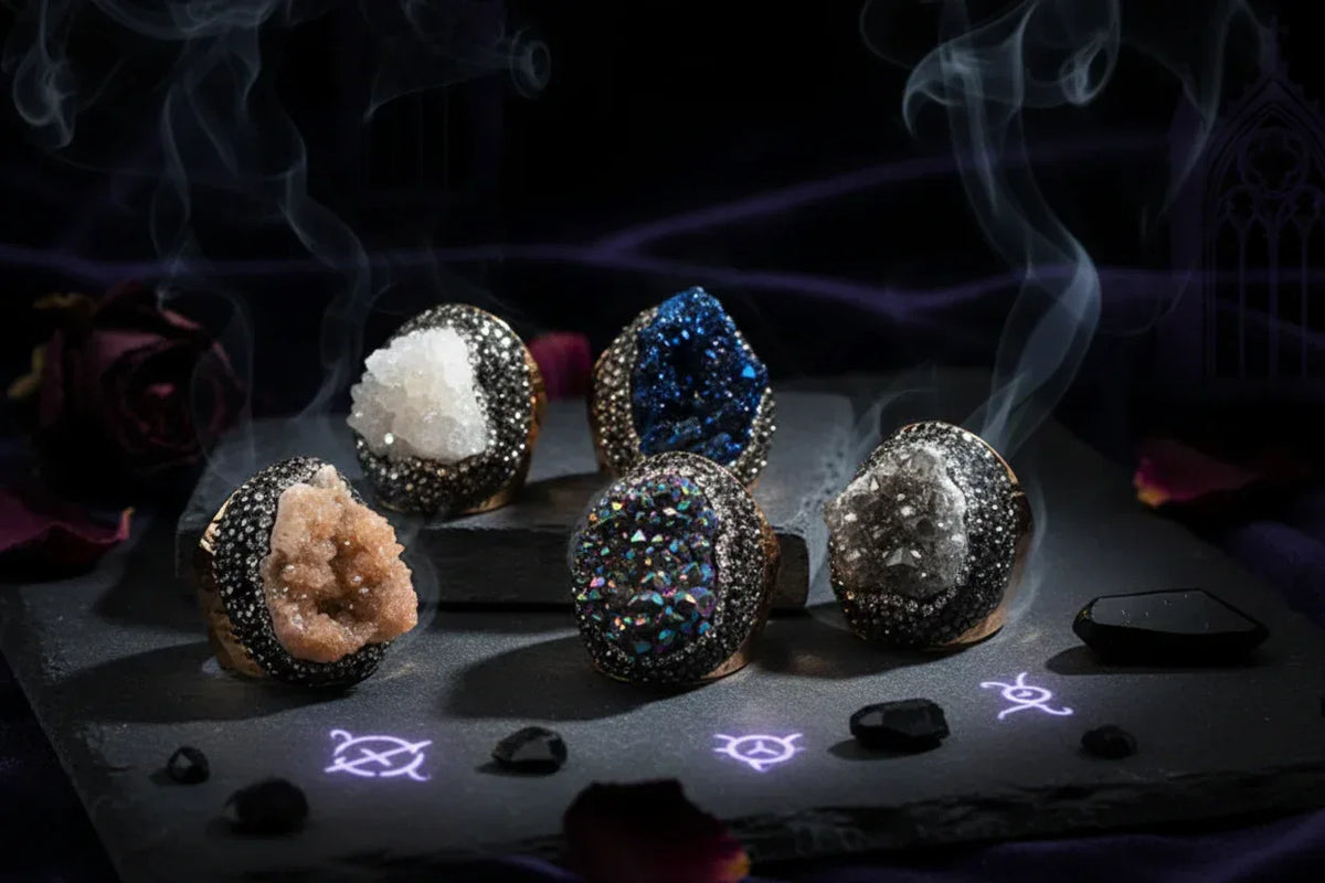 Crystal Cluster Ring - Sorceress Sanctuary Colorful (1 random) / Adjustable Opening-Silver (1 random) / Adjustable Opening-Blue (1 random) / Adjustable Opening-White (1 randomly) / Adjustable Opening-Amber Gold (1 randomly) / Adjustable Opening