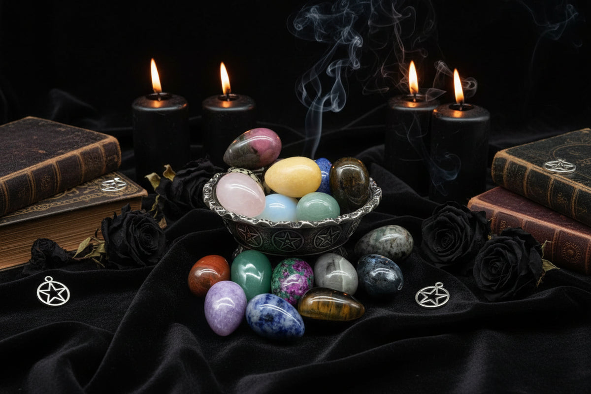 Crystal Eggs - Sorceress Sanctuary White crystal-Amethyst-Tiger Eye Stone-Blue Dot Stone-Onyx