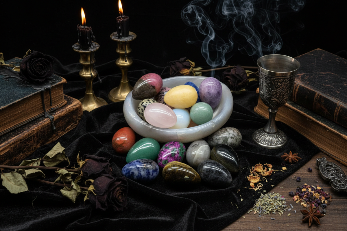 Crystal Eggs - Sorceress Sanctuary White crystal-Amethyst-Tiger Eye Stone-Blue Dot Stone-Onyx