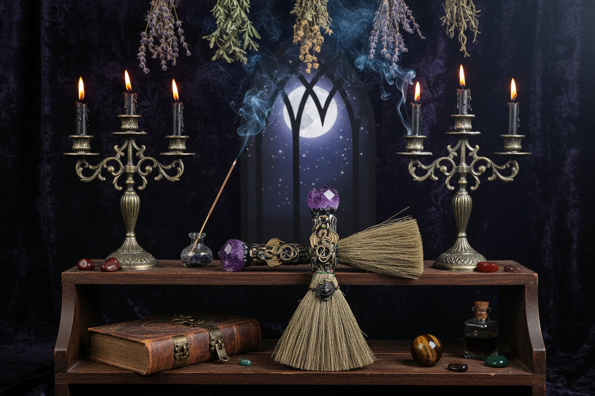 Crystal Enchanted Broom - Sorceress Sanctuary Aventurine / One Size-Amethyst / One Size-White Crystal / One Size-Red Agate / One Size-Obsidian / One Size