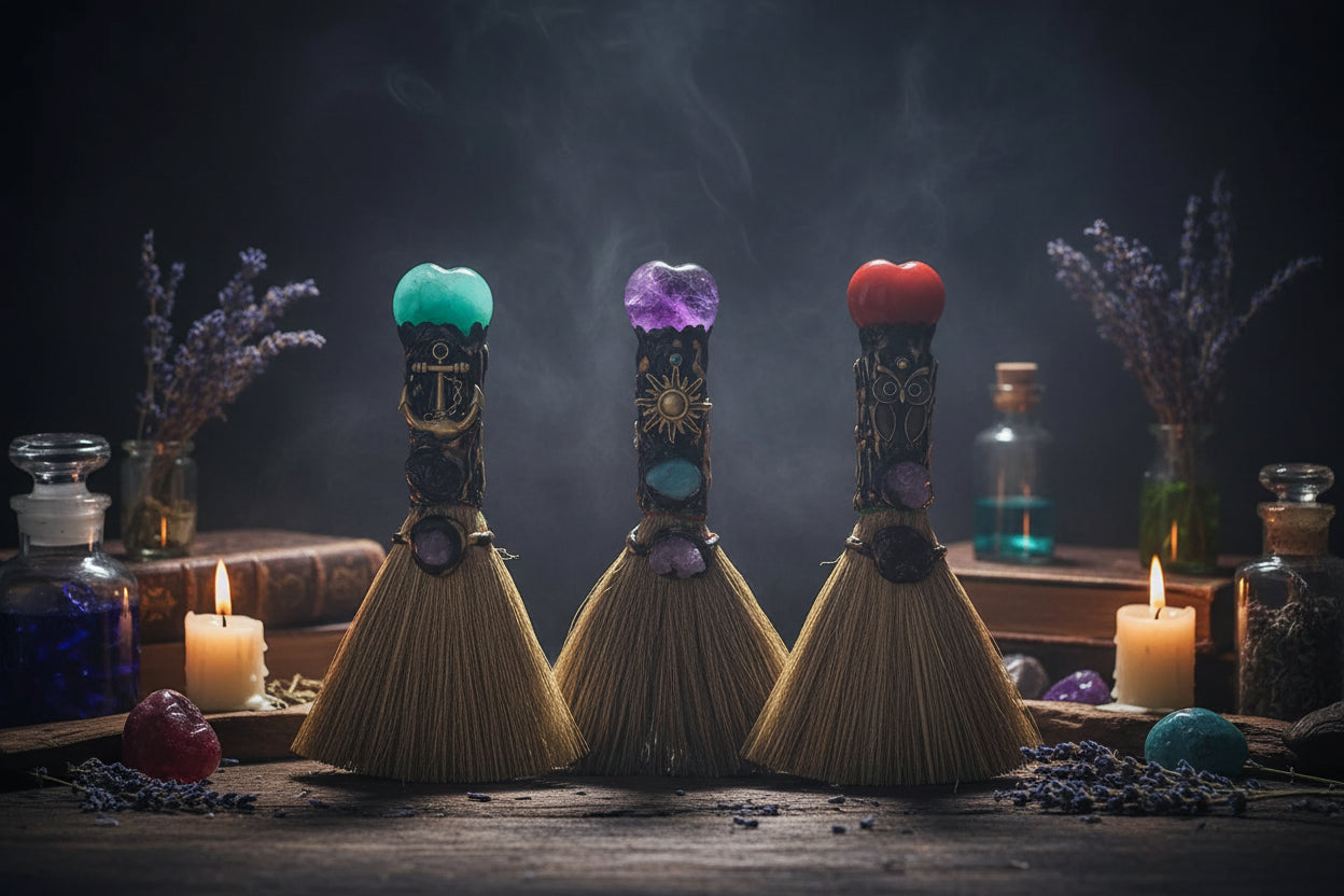 Crystal Enchanted Broom - Sorceress Sanctuary Aventurine / One Size-Amethyst / One Size-White Crystal / One Size-Red Agate / One Size-Obsidian / One Size