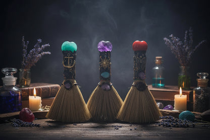 Crystal Enchanted Broom - Sorceress Sanctuary Aventurine / One Size-Amethyst / One Size-White Crystal / One Size-Red Agate / One Size-Obsidian / One Size