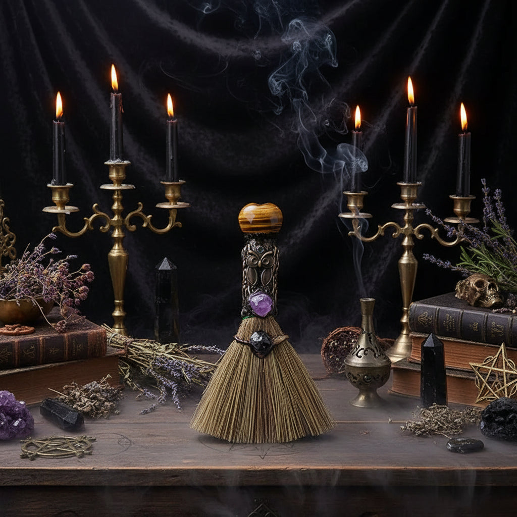 Crystal Enchanted Broom - Sorceress Sanctuary Aventurine / One Size-Amethyst / One Size-White Crystal / One Size-Red Agate / One Size-Obsidian / One Size