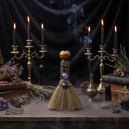 Crystal Enchanted Broom - Sorceress Sanctuary Aventurine / One Size-Amethyst / One Size-White Crystal / One Size-Red Agate / One Size-Obsidian / One Size