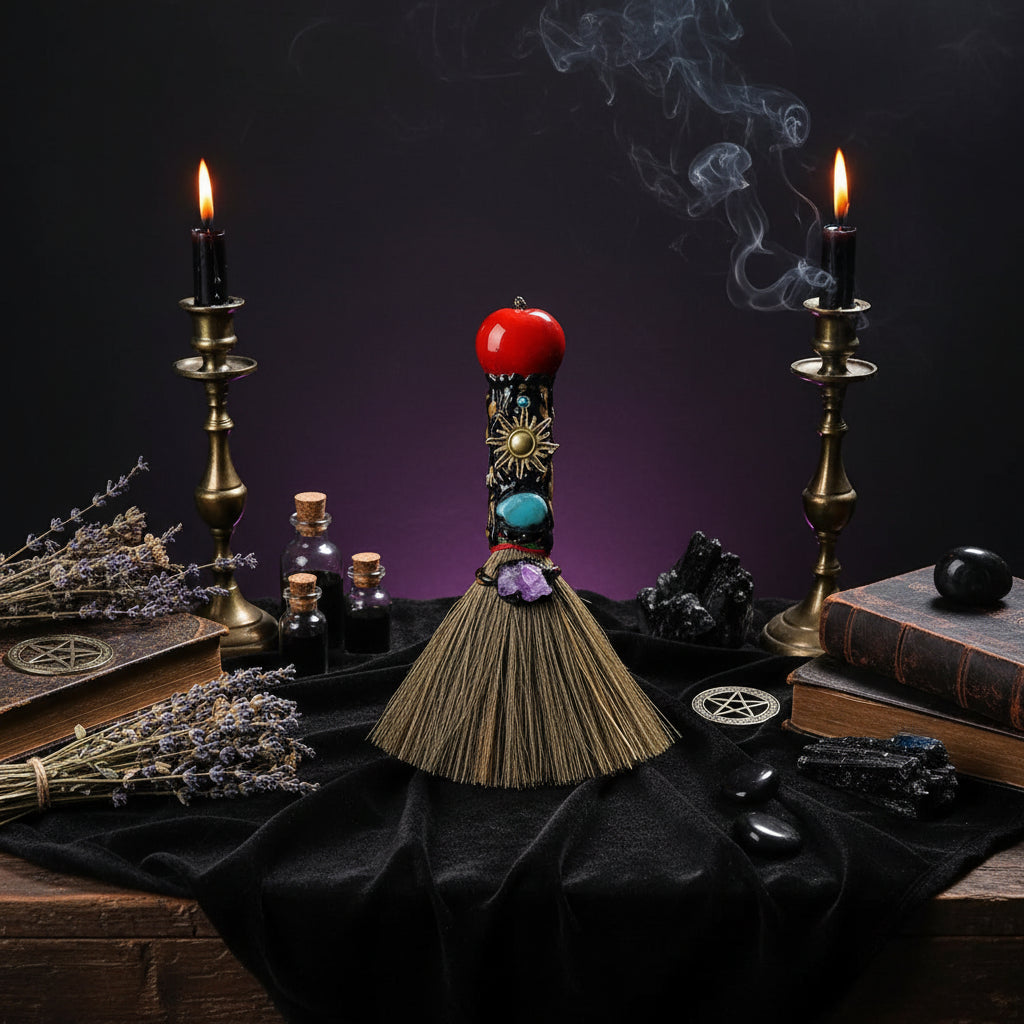 Crystal Enchanted Broom - Sorceress Sanctuary Aventurine / One Size-Amethyst / One Size-White Crystal / One Size-Red Agate / One Size-Obsidian / One Size