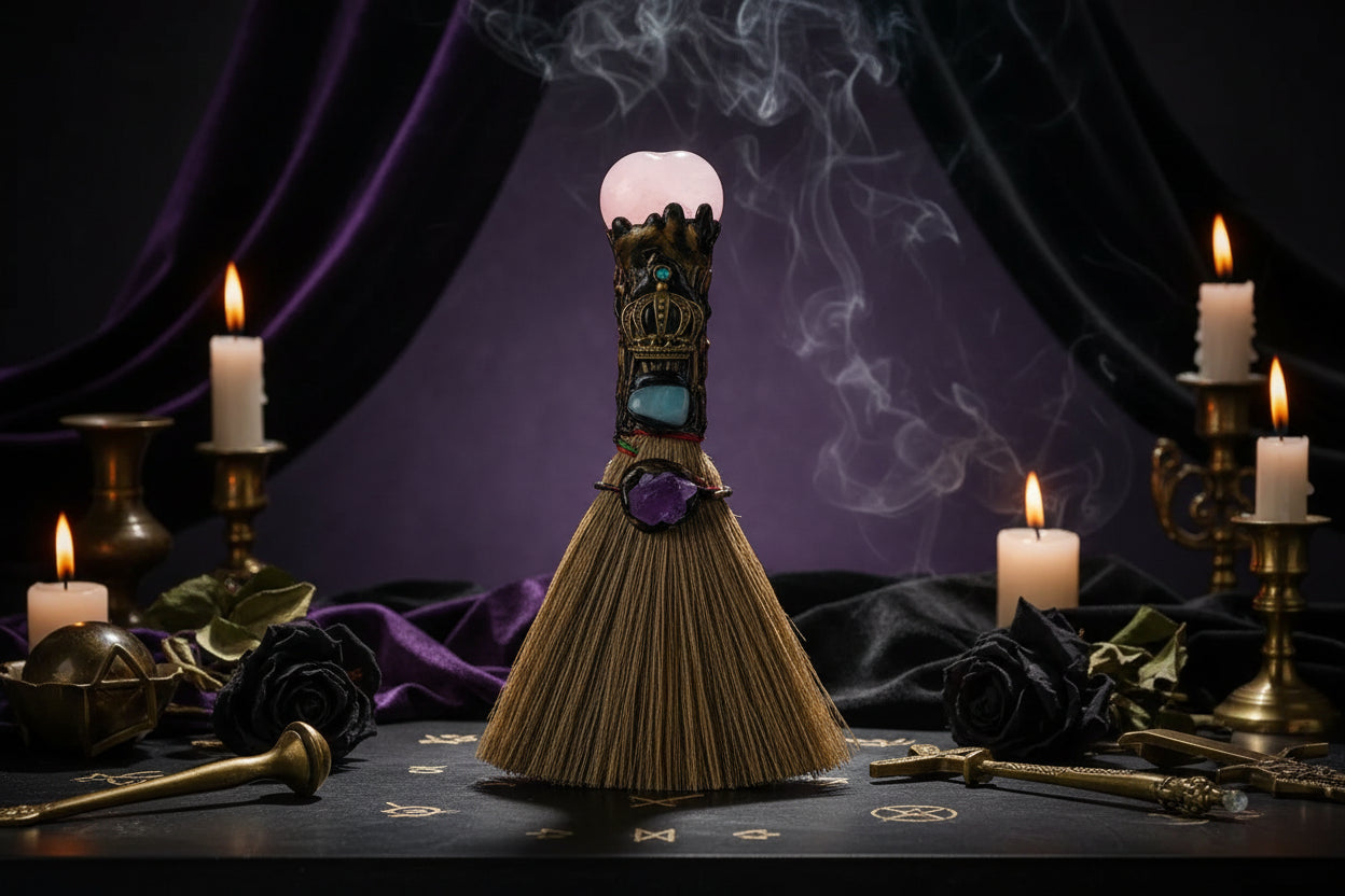 Crystal Enchanted Broom - Sorceress Sanctuary Aventurine / One Size-Amethyst / One Size-White Crystal / One Size-Red Agate / One Size-Obsidian / One Size