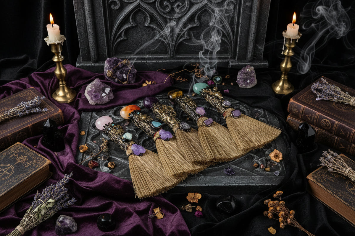 Crystal Enchanted Broom - Sorceress Sanctuary Aventurine / One Size-Amethyst / One Size-White Crystal / One Size-Red Agate / One Size-Obsidian / One Size