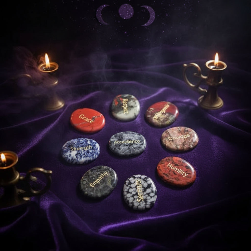 Crystal Energy Stones - Sorceress Sanctuary 45*35*7mm / White Pine (Hope)-45*35*7mm / one day at a time-45*35*7mm / Protein (Integrity)-45*35*7mm / Black Flash (Acceptance,)-45*35*7mm / Spot (Kindness)