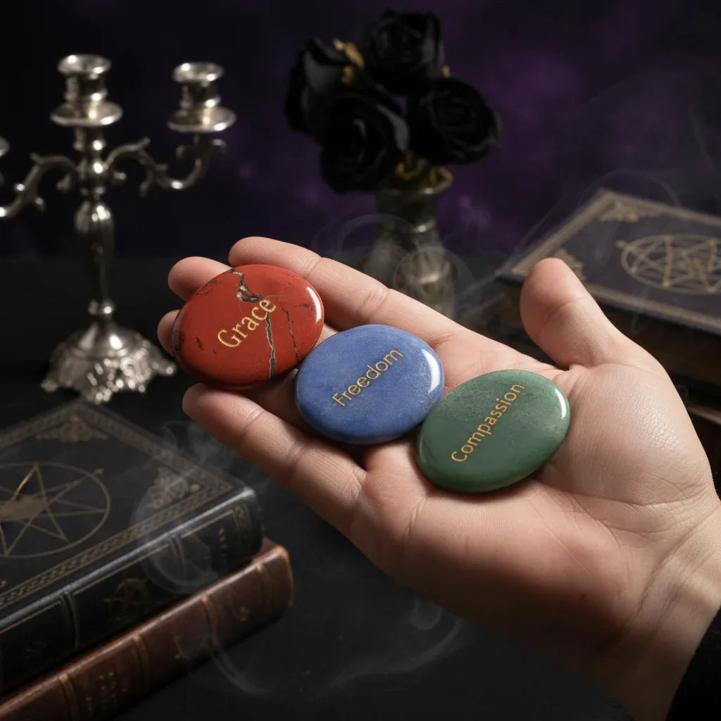 Crystal Energy Stones - Sorceress Sanctuary 45*35*7mm / White Pine (Hope)-45*35*7mm / one day at a time-45*35*7mm / Protein (Integrity)-45*35*7mm / Black Flash (Acceptance,)-45*35*7mm / Spot (Kindness)