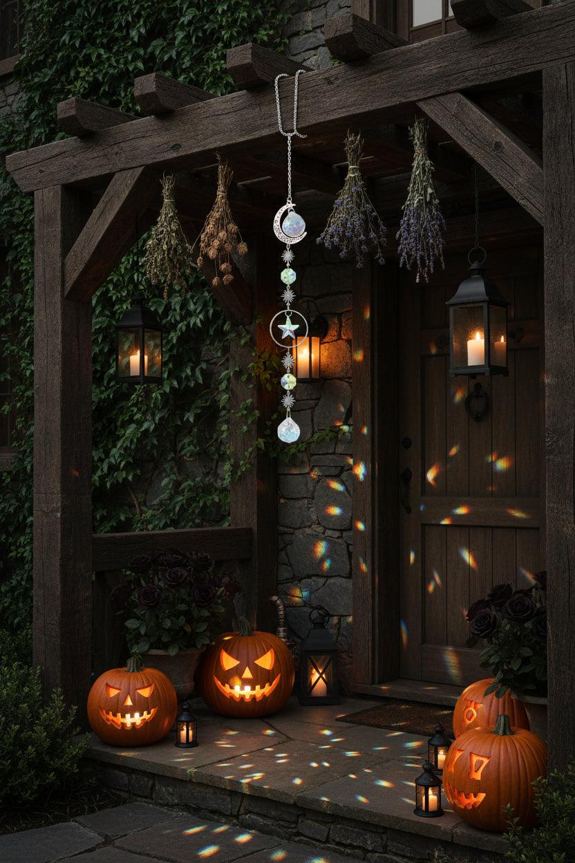 Decorative hanging ornament with celestial design against a blurred green background