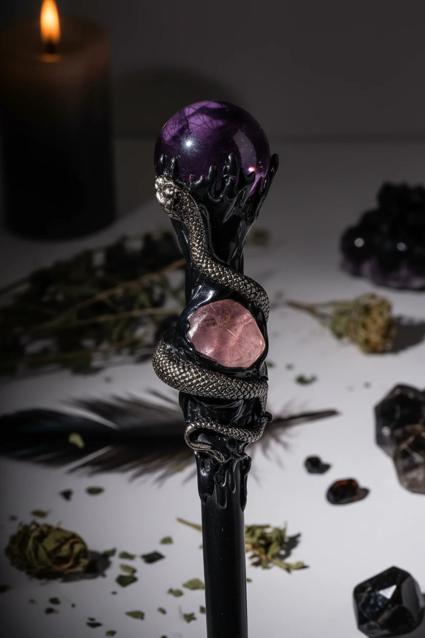 Crystal Orb Wand - Sorceress Sanctuary Amethyst Stone Ball Style-Labradorite Matching Style-Obsidian Rolling Stone-White Crystal Ball Style