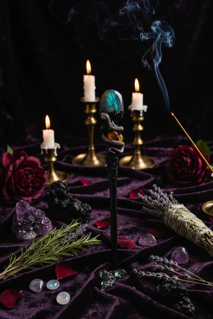 Crystal Orb Wand - Sorceress Sanctuary Amethyst Stone Ball Style-Labradorite Matching Style-Obsidian Rolling Stone-White Crystal Ball Style