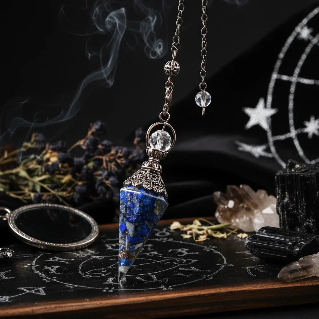 Crystal Pendulum - Sorceress Sanctuary Olive green-Lemon Pink Crystal-Tiger Eye-Lemon Crystal-Lapis