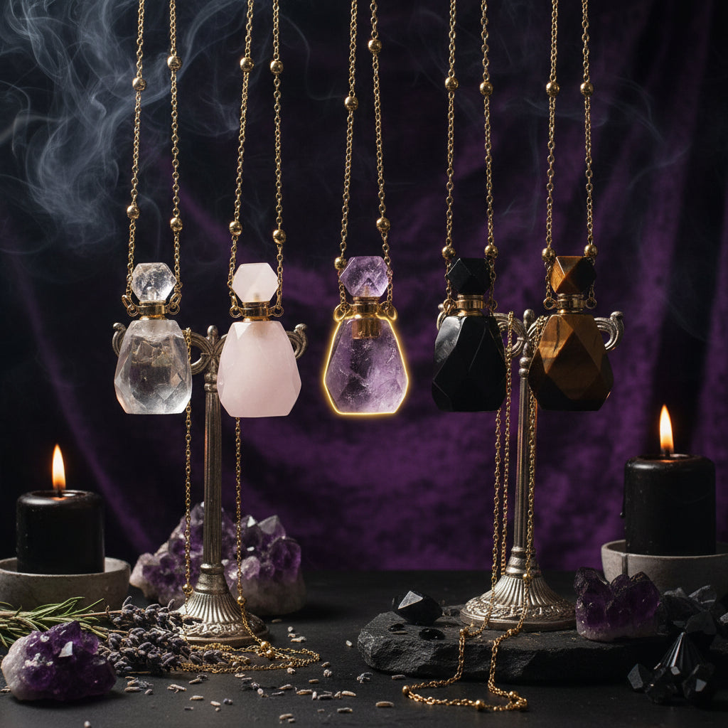 Crystal Perfume Necklace - Sorceress Sanctuary Amethyst Plaid / Pure Natural-White Crystal Plaid / Pure Natural-Green fluorite lattice / Pure Natural-Pink crystal lattice / Pure Natural-Tiger crystal lattice / Pure Natural