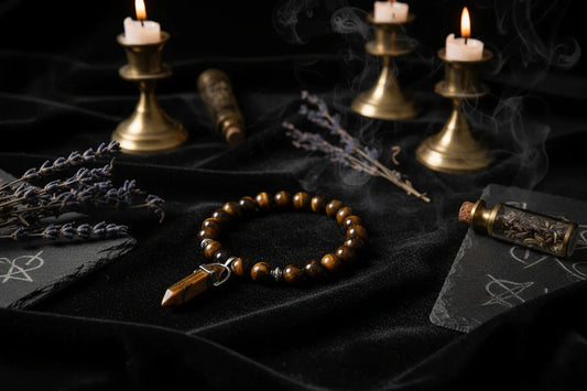 Crystal Pillar Bracelets - Sorceress Sanctuary Malachite blue-Turquoise green-Tiger Eye Stone-Volcanic rock-Black