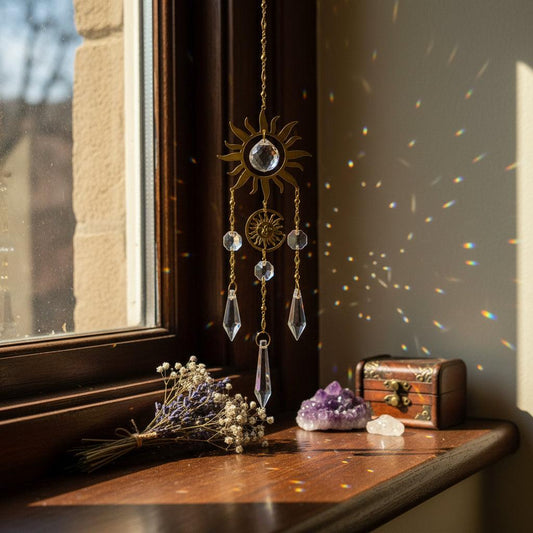 Decorative sun-shaped hanging ornament with crystals on a dark background