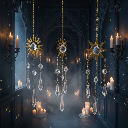 Decorative sun-shaped hanging ornaments with crystal elements on a yellow background