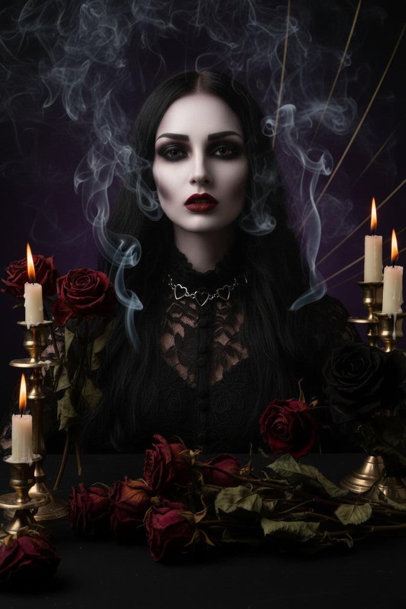 Necklace with heart-shaped pendants on a black mannequin against a gray background
