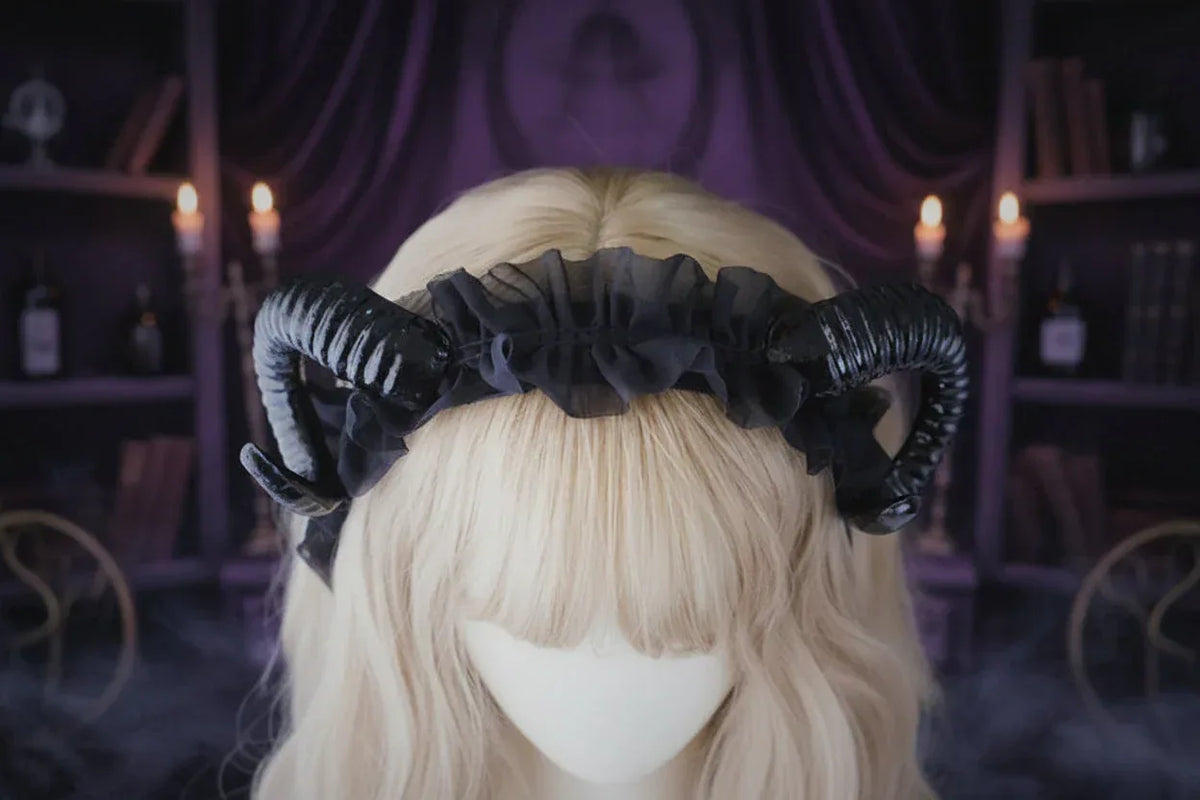 Demon Lace Headband - Sorceress Sanctuary Black Horn Lace Headband